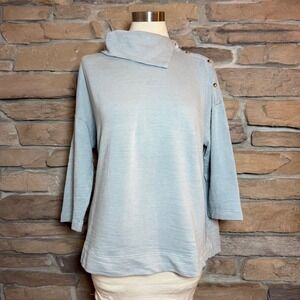 Pure Jill Light Blue Cotton Cowl Neck 3/4 Sleeve Button Accent Tunic Top M